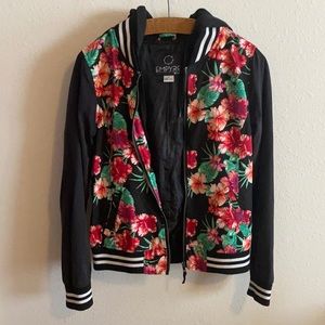 Black and tropical print bomber jacket
